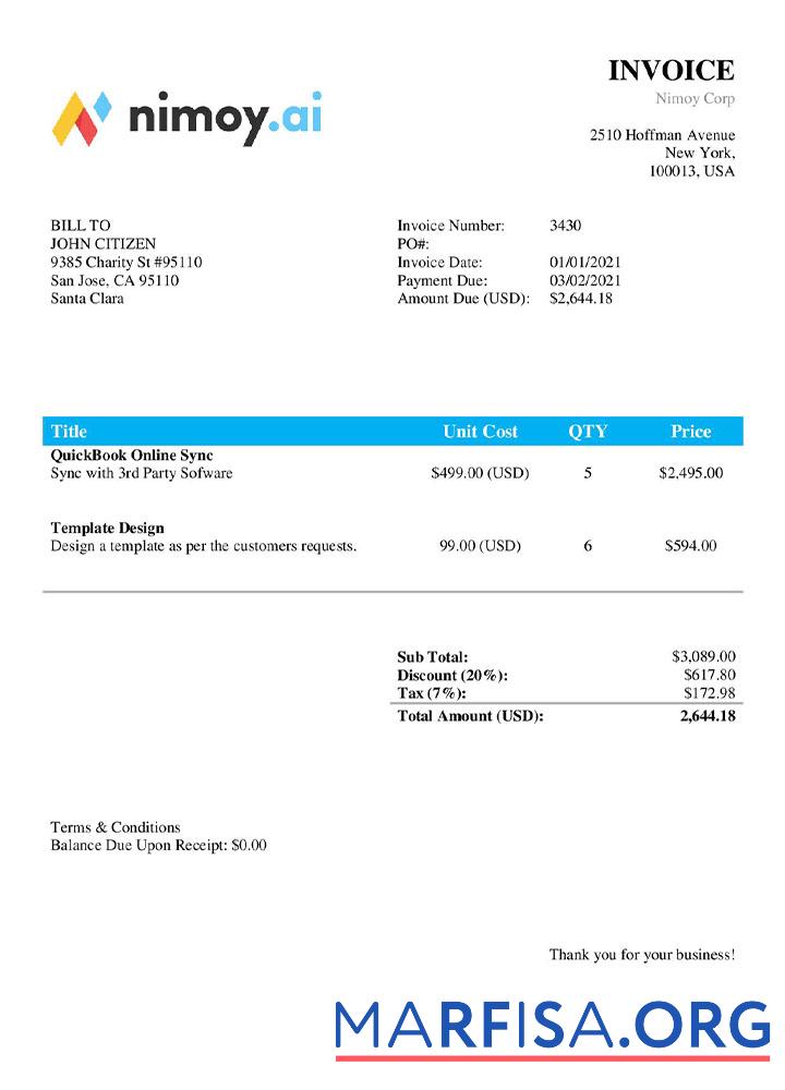 Blank USA Nimoy Corp invoice template